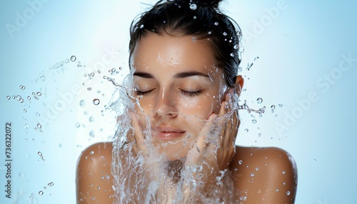 woman splashing her face with water for a skincare concept. woman washing her face with water splashing everywhere. skin care and skin hydration visual concept photo