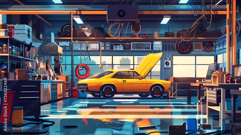 A yellow car is parked in a auto repair shop. Ai generated.