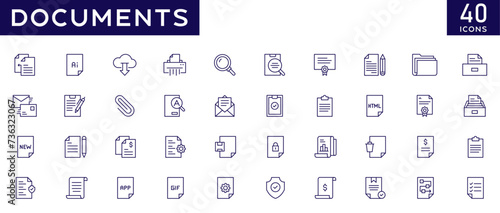 Document icon set with fully editable stroke thin line vector illustration with search, upload, download, zip file, gig file, folder, many files, new file, cloud file, e-mail, paper document, report