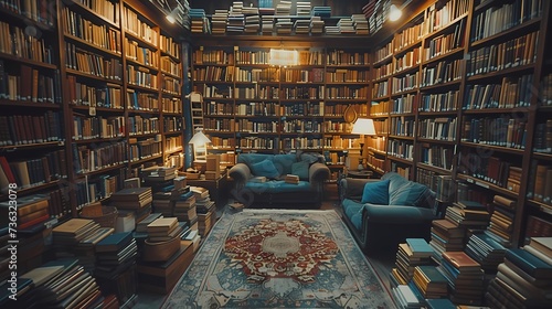 A cozy corner of a library filled with towering bookshelves, bathed in the warm glow of lamplight, inviting viewers to lose themselves in the world of literature