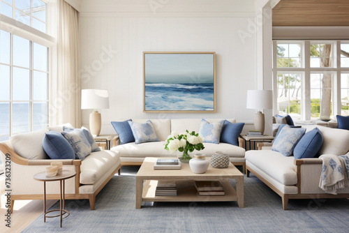 A living room bathed in natural light, featuring navy and white decor elements inspired by the sea, creating a timeless and inviting space for the ultimate summer retreat