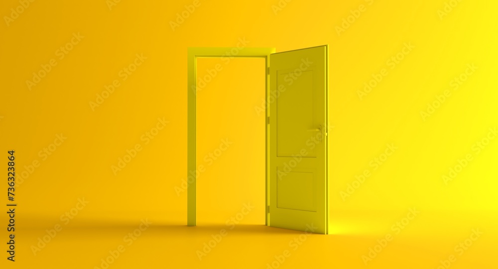 Open the door. Yellow door, open entrance in yellow background room. Architectural design element. Modern minimal concept. Opportunity metaphor. Open the door. Yellow door, open entrance in yellow background room. Architectural design element. Modern minimal concept. Opportunity metaphor.