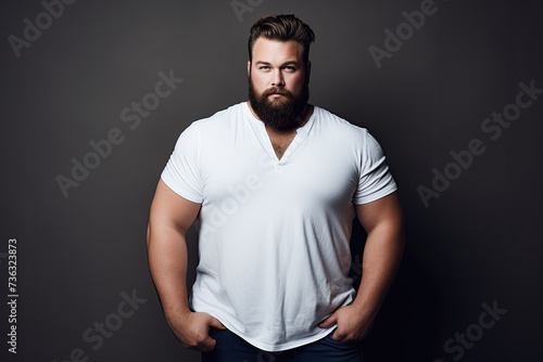 portrait of big muscular guy in white t-shirt on dark backgroun