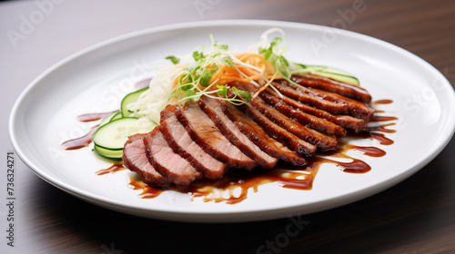Peking duck sliced on a white plate