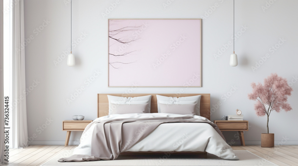 A minimalist bedroom with a blank white empty frame, showcasing a serene landscape photograph in soothing pastel tones.