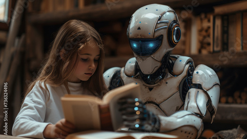 Innovative AI robot tutor helping a teenage boy with homework, they are reading books together, human-robot interaction concept,generative ai photo