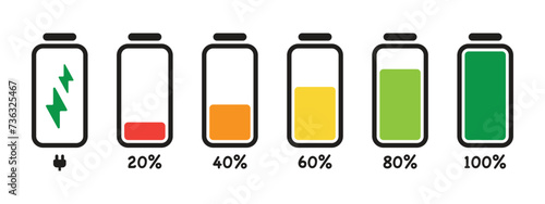 A set of icons battery level indicators, information icons for charging a laptop or phone battery, and a battery charging icon.