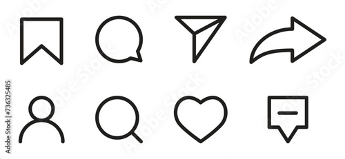 A set of linear social media interface icons, such as comments, share, save, like, search, send, message, and a person icon. photo