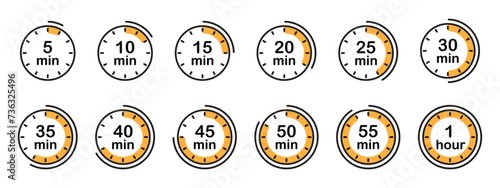 Timer, stopwatch, clock, isolated set of timer icons for five minutes, ten minutes, fifteen minutes, etc.