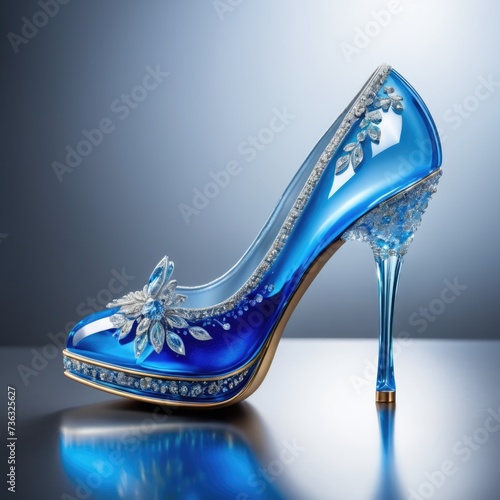 Cinderella princess blue crystal shoe, blue glass shoe by ai generated