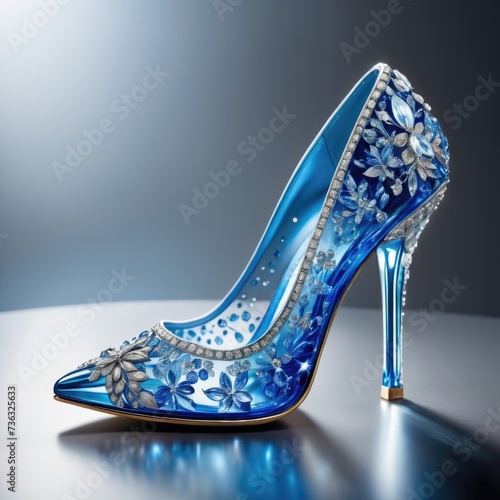 Cinderella princess blue crystal shoe, blue glass shoe by ai generated
