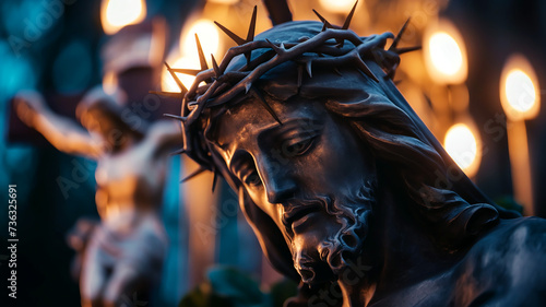 Sculpture of Jesus with a crown of thorns illuminated by candlelight representing sacrifice, faith, religion, spirituality, and redemption.
