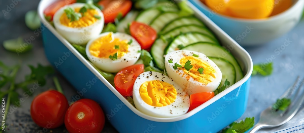 Nutritious lunchbox for children with eggs and vegetables. Nutritious lunchbox for children with eggs and vegetables.