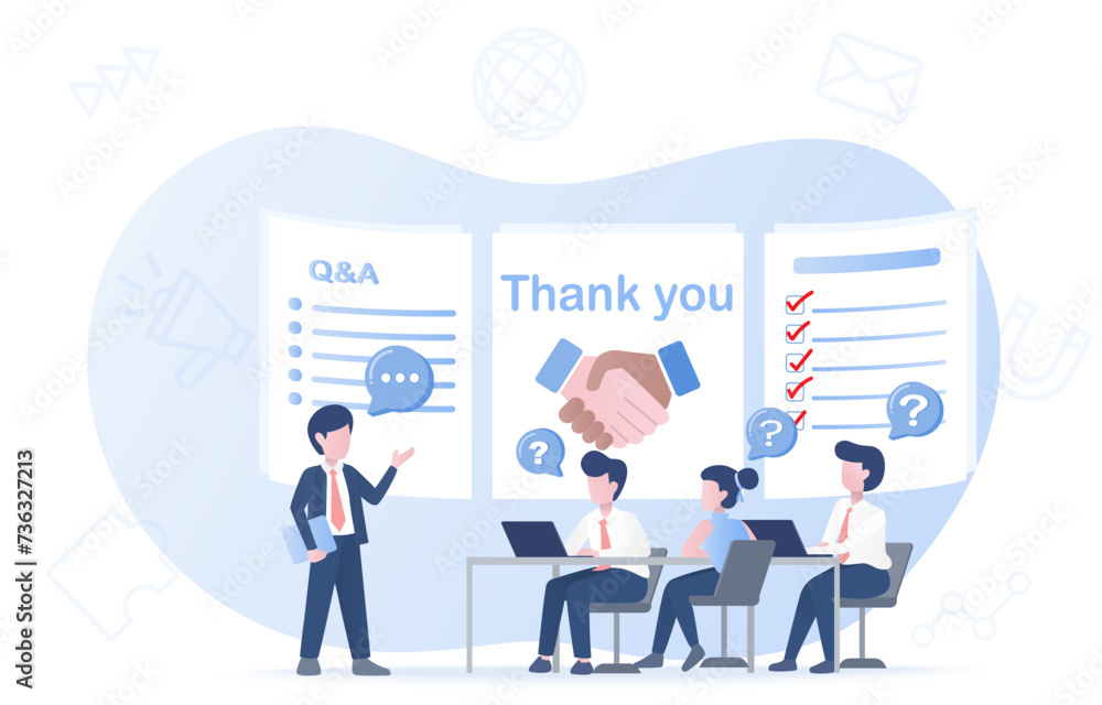 Business people meeting, discussion, data analysis, presentation, share and exchange information ask question and FAQ. Online connection, working together. Flat vector design illustration.