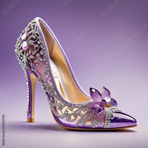 Cinderella's purple crystal shoe, adorned with shimmering glitters by ai generated
