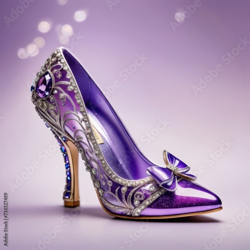 Cinderella's purple crystal shoe, adorned with shimmering glitters by ai generated