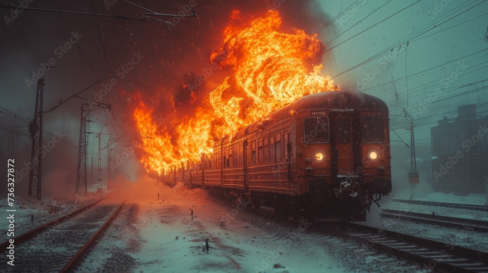 The train ablaze, a scene of terror and devastation, a tragedy that shakes the very foundation of the railway station.