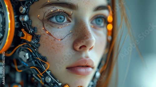 Close-up portrait of a young woman's face merged with a futuristic robot half, featuring expressive blue eyes and intricate metallic details, blending human and artificial technology © Dmitry