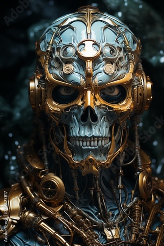 A robot with a skull face dons a pair of headphones as it immerses itself in creating a symphony of futuristic noise.