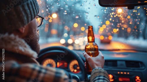 A man is seen driving a car while holding a beer. photo