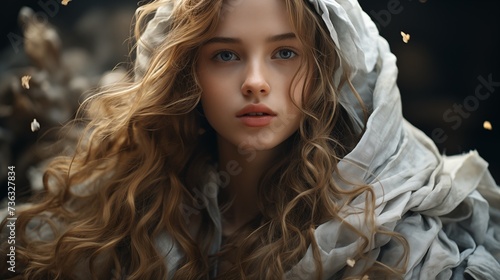 A gorgeous young woman dressed in medieval attire, smiling sweetly and looking directly at the camera. Her charming and expressive gaze exudes timeless beauty and grace.