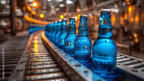 Brewery production line  close-up of beer bottles on conveyor belt in motion