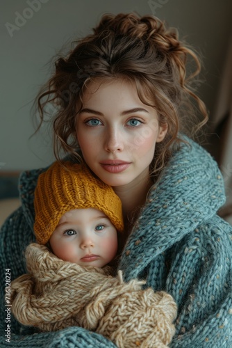 A loving moment is captured as a woman in a knitted sweater interacts with a cute, blue-eyed child. Expressive eyes and a touch of glamour highlight the beauty of this scene.