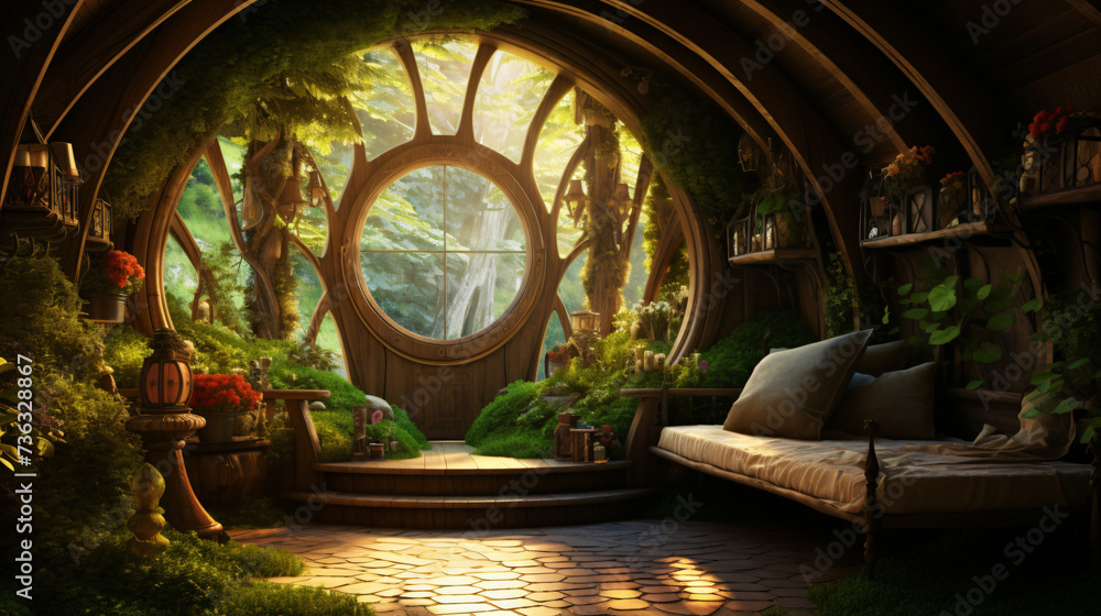 3D illustration of a Hobbit house interior inside