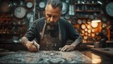 A creative sculptor using a laser cutter and digital design software to create precise and intricate patterns on a sheet of metal in an industrial workshop