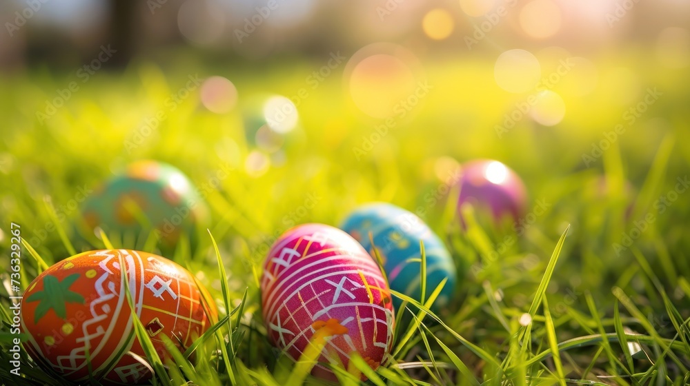 Colorful painted Easter eggs hidden in spring meadow grass Colorful painted Easter eggs hidden in spring meadow grass