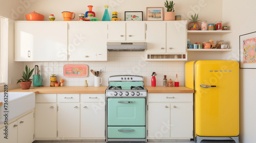 A minimalist kitchen featuring white cabinets, light wood accents, and colorful retro-inspired appliances.