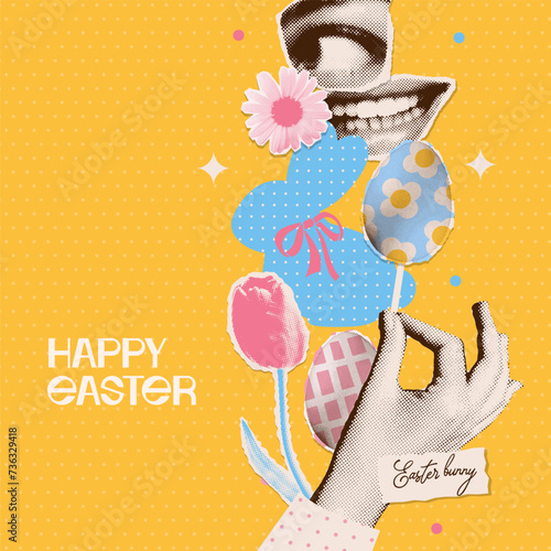Happy Easter greeting card template in temporary vintage collage style. Square greeting brochure with painting color eggs, rabbit hunt, mouth, tulip. Vector pop art illustration.