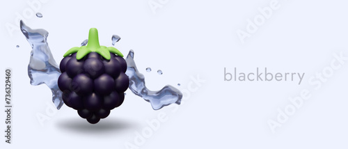 Ripe blackberries in water splash. 3D concept of fresh berries, fruits