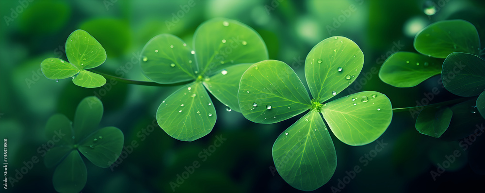 Meadow with a happy four leaf clover in the dew. St patricks day banner with copy space. Shamrocks Irish holiday symbol of St. Patrick's day concept. Templates for greeting card, celebration, ads. Meadow with a happy four leaf clover in the dew. St patricks day banner with copy space. Shamrocks Irish holiday symbol of St. Patrick's day concept. Templates for greeting card, celebration, ads.
