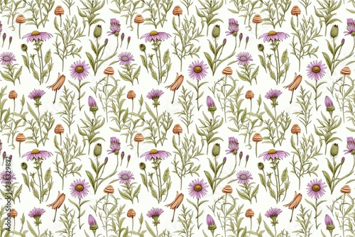 Wallpaper Mural Seamless floral pattern with purple flowers and green leaves on white background Torontodigital.ca