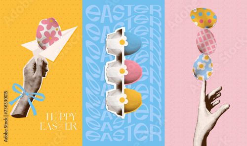 Hand with Easter eggs, balancing eggs pile, decorating Easter egg, Easter egg, sending congratulations. Square halftone collages set. Vector y2k pop art illustration.