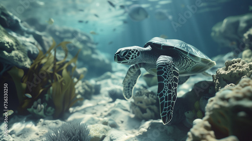 Serene Underwater Scene with Hawksbill Turtle in a Vibrant Coral Reef, coral reef and fish, green sea turtle