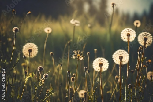 Vintage photo of Abstract nature background with wild flowers and plants dandelions  filter