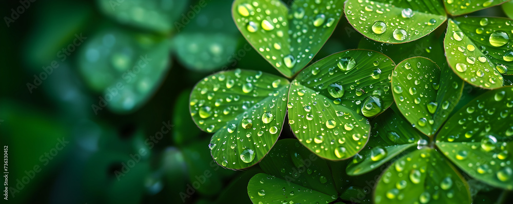 Meadow with a happy three leaf clover in the dew. St patricks day banner with copy space. Shamrocks Irish holiday symbol of St. Patrick's day concept. Templates for greeting card, celebration, ads. Meadow with a happy three leaf clover in the dew. St patricks day banner with copy space. Shamrocks Irish holiday symbol of St. Patrick's day concept. Templates for greeting card, celebration, ads.