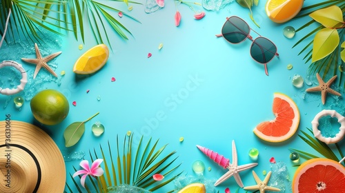 A colorful flat lay of summer essentials, including citrus fruits, sunglasses, and a straw hat, arranged on a bright turquoise surface for a beach day vibe photo