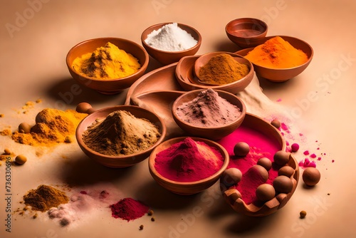 Holi Powder In Indian Brown Bowls On Beige Background
