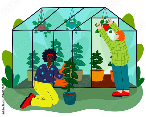 An illustration of two women and a greenhouse in the background. Hand-drawn flat vector illustration of trendy people with greenery.