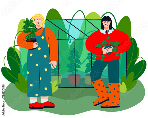 An illustration of two women and a greenhouse in the background. Hand-drawn flat vector illustration of trendy people with greenery.