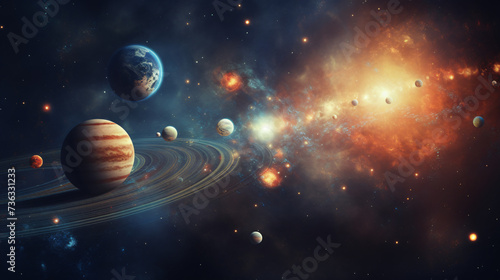 A backdrop of a solar system with planets
