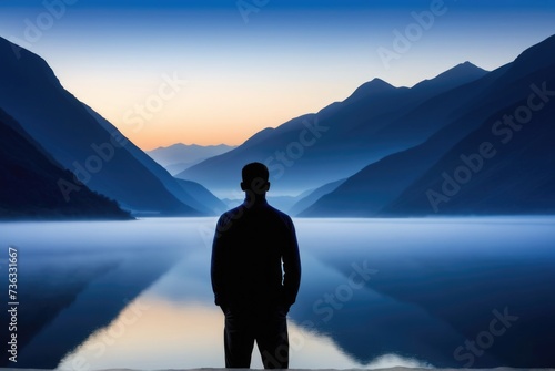 Silhouette against misty mountains and river solitary figure in deep blue twilight, reflection, and mystery by ai generated