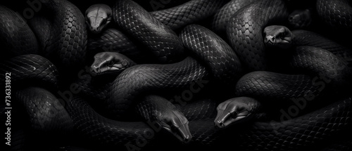 CGI style image of multiple snakes intertwined. Dark moody panoramic graphic resource and background.