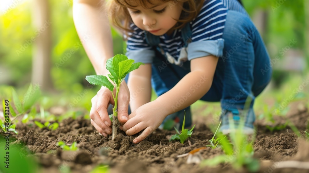 young child planting a tree sapling with the guidance of an adult on Arbor Day, symbolizing the passing on of environmental values young child planting a tree sapling with the guidance of an adult on Arbor Day, symbolizing the passing on of environmental values