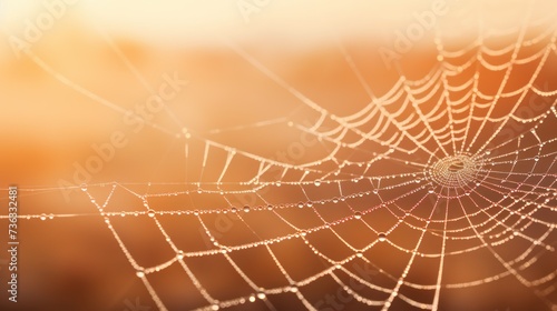 Dew drops glistening on spider web in golden morning light