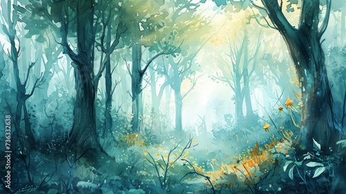 Mystical forest scene with sunlight filtering through trees. Watercolor painting.
