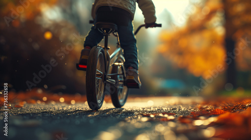 Autumn Bike Ride of Child,  low perspective captures a child pedaling a bike on a leaf-strewn path, evoking the essence of autumn